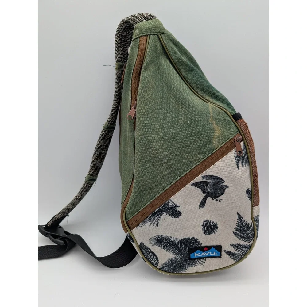 KAVU Rope Bag Green Canvas Nature Bird Pinecone Print Sling Backpack